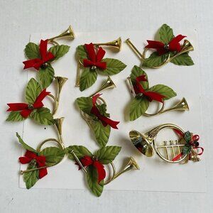 Gold Horn Napkin Rings Poinsettia Green Red Bells Christmas Holiday Party